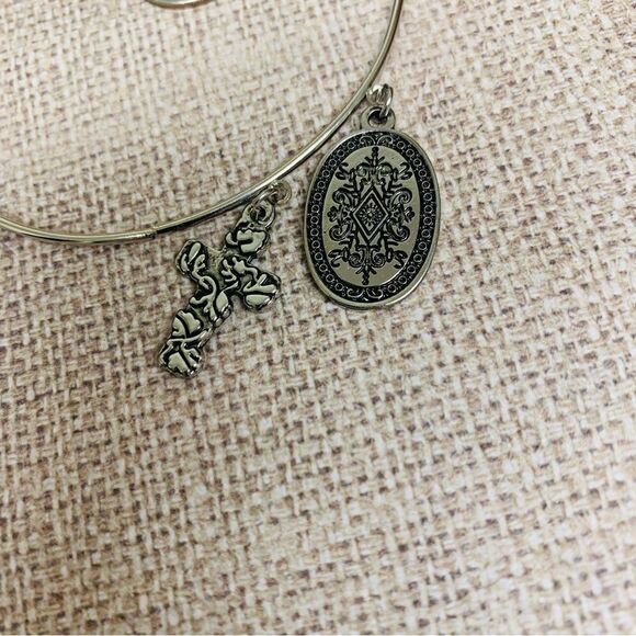 Silver Plus Size Cross and Medallion Bangle Bracelet - Picture 2 of 2